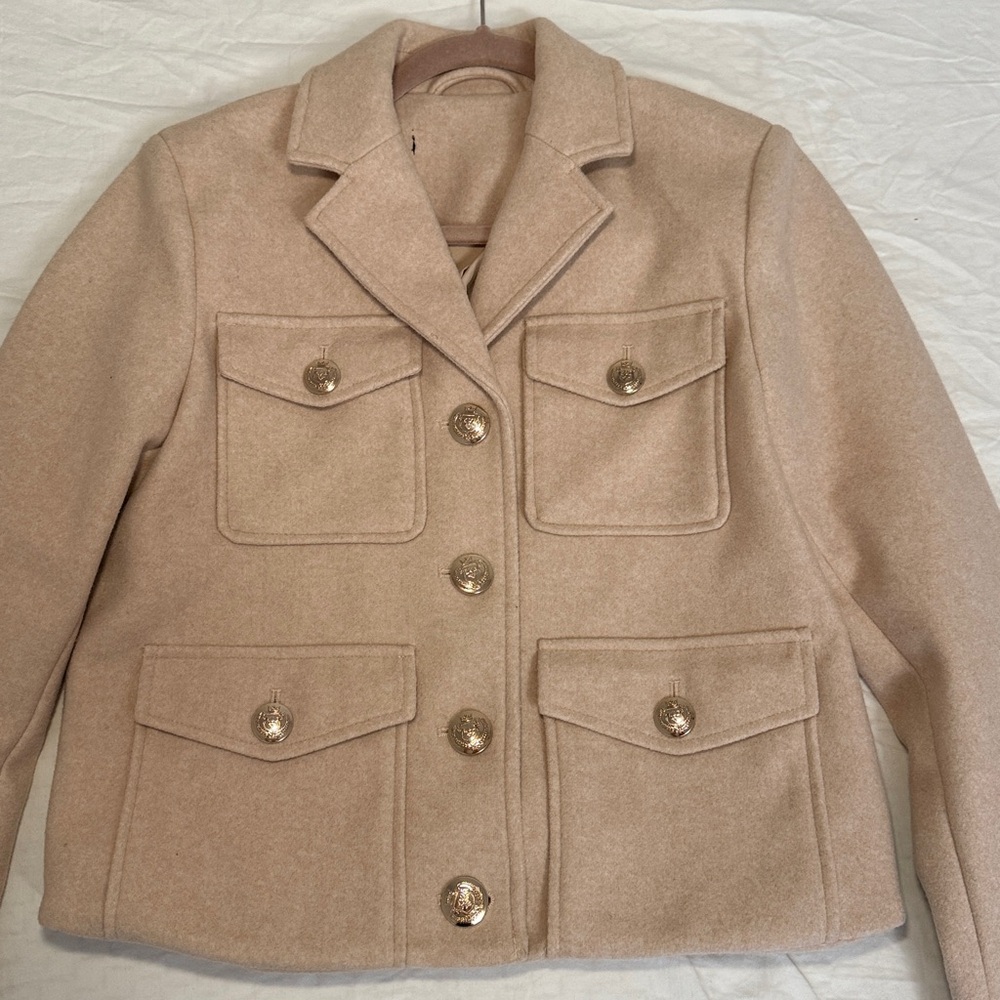 Zara Neutral Tan Button-Front Wool Blazer